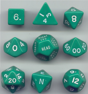 RPG Opaque Green Dice Cube 9pc D20, D12, D10, D8, D6, D4, Compass, Hit loc.