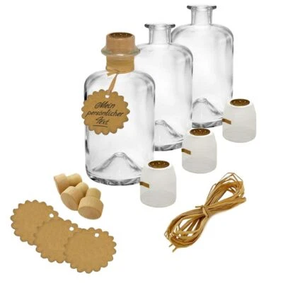 GENIESS-BAR! 3x Apothekerflaschen Glas Geschenk Set leer 0,5L+ Anhänger Kapsel Korken Bast
