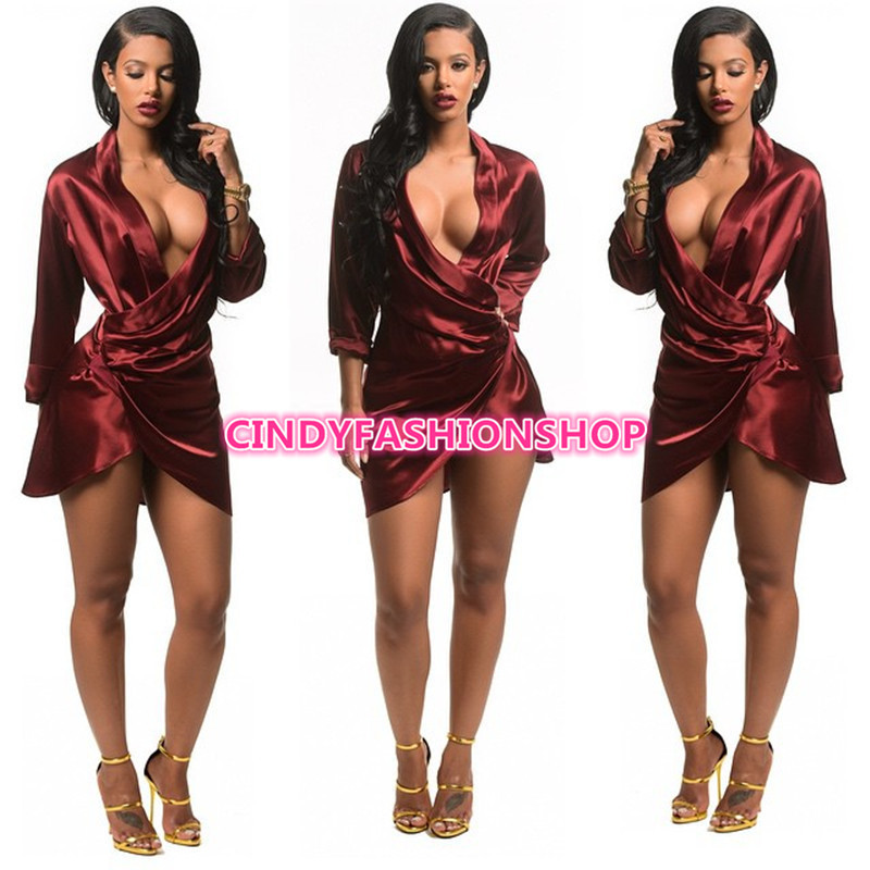 Cindy fashion Women Party Long Sleeve V-Neck Mini High Slits Stain Wrap  Dresses