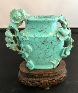 Antique Chinese Turquoise Vase Carving with wood base