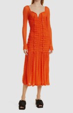 $475 Ganni Womens Orange Ruched Long Sleeve Lace Midi A-Line Dress Size FR36/US4
