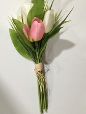 NEW ARTIFICIAL PINK  WHITE TULIP EASTER BOUQUET BUNCH 15" FREE SHIPPING