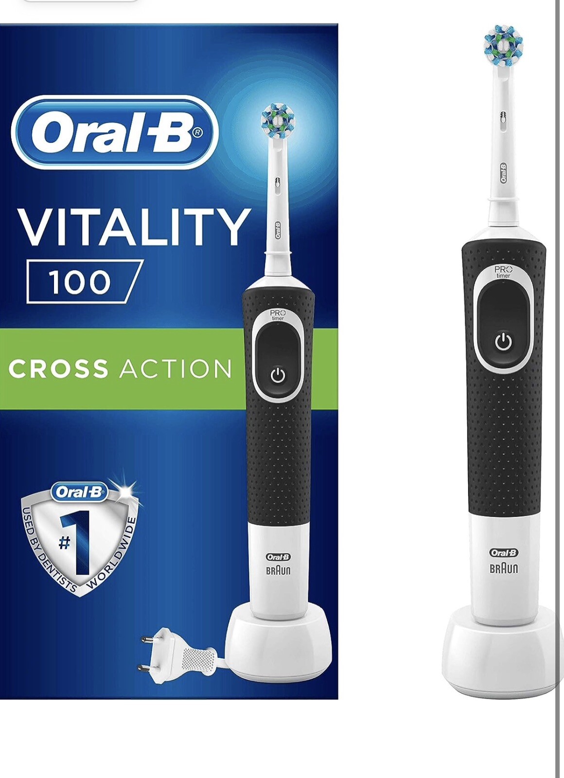 Brosse à dents électrique Oral-B Vitality 100 rechargeable avec son manche noir élégant