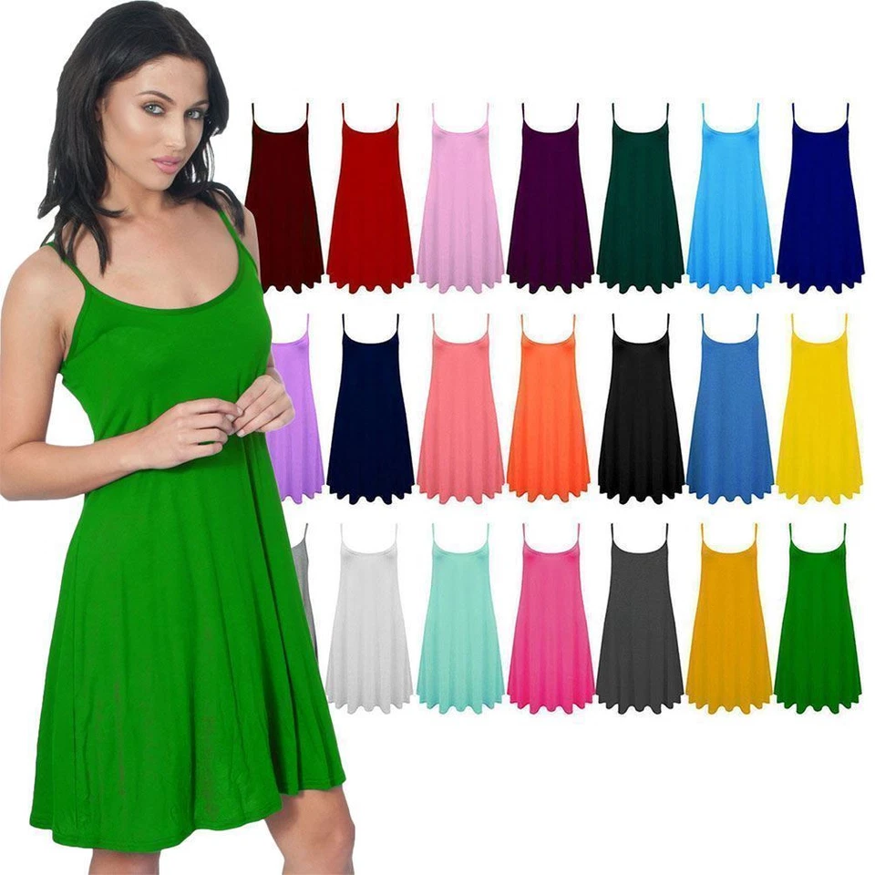 New Ladies Camisole Cami Flared Skater Women Strappy Vest Top Swing Mini Dress - Image 1 of 1