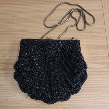 Evening Bag Handbag Black Beaded Purse Clutch or Shoulder Chain Lined Kiss Close