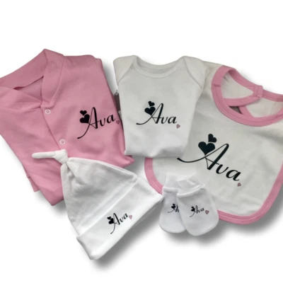 PERSONALISED baby girl hospital set heart sleepsuit babygrow hat bib & mitts