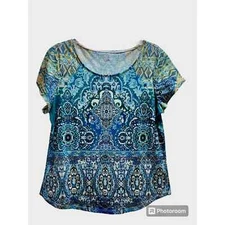 CB Womens Blue Hues Geometric T-shirt With Sparkle Studs Large