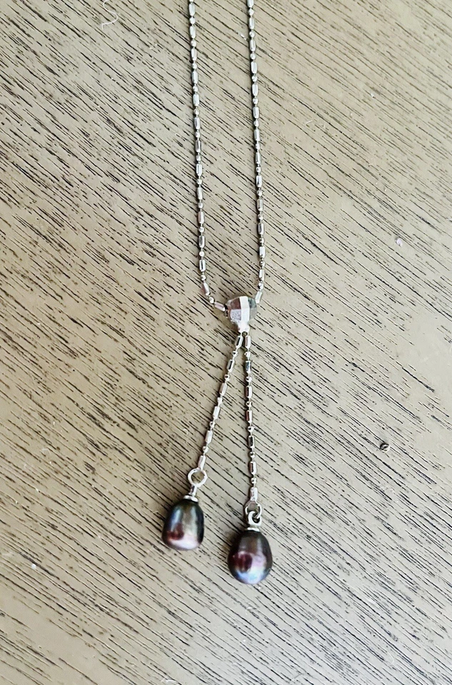 Collar Lariat Vintage Chapado en Oro 18k W Perla Marrón Natural 925 Esterlina Foto 4 de 4