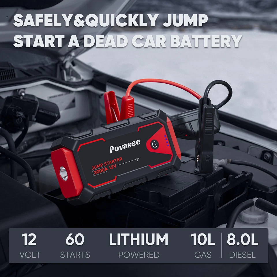 Povasee 3000A Car Jump Starter Booster Jumper Portable Power Bank Battery Charge - Image 2 of 4