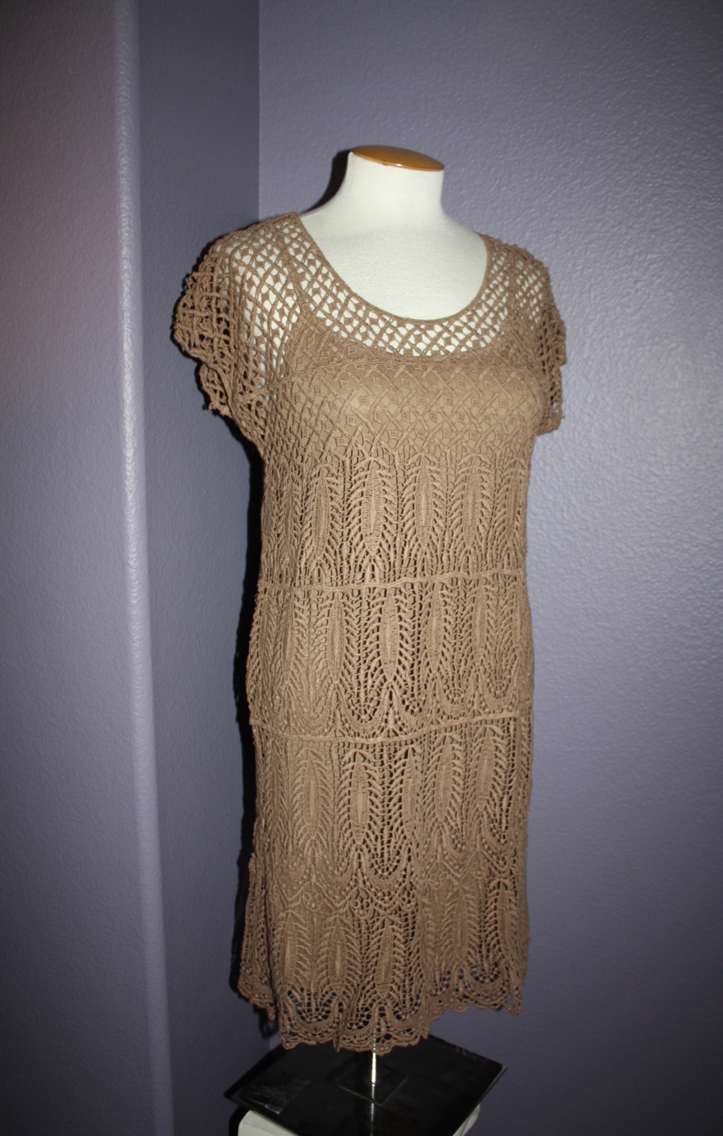NWT Solitaire by Ravi Khosla Brown Boho Crochet Cap Sleeve Dress w/ Slip S