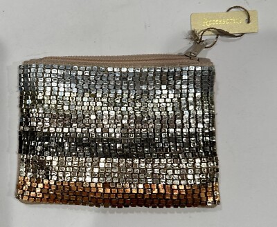 Accessorize Brand 5 Metal Beaded Zip Lined 4'' x 5'' clutch change pouch NWT