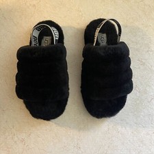 UGG Fluff Yeah Slide Sandals Black Fuzzy Slingback Kids Size 2