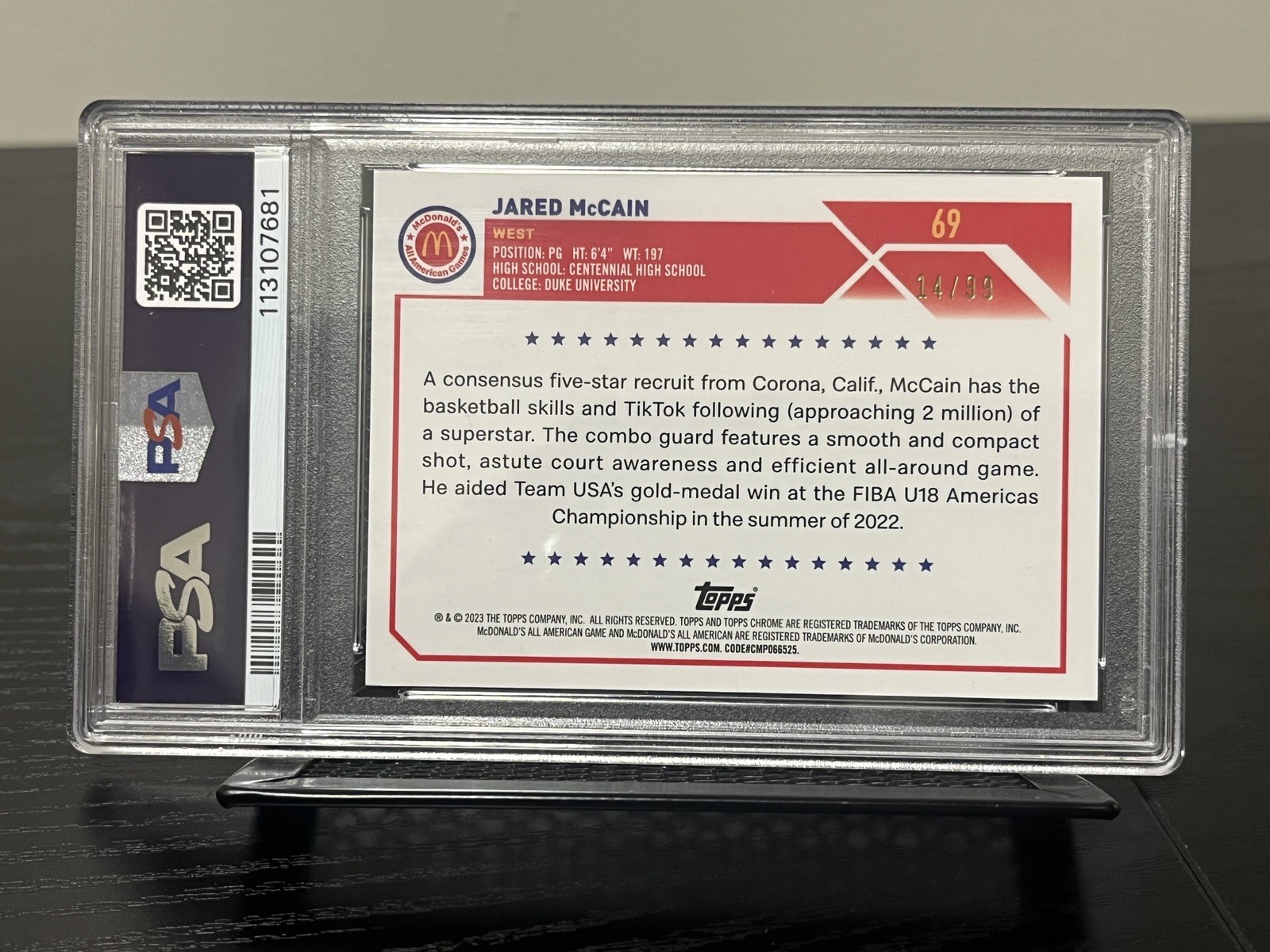 Jared McCain 2023 Topps Chrome Mcdonald'S All-American #69  Blue Ref PSA 9 view 3