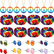 24 Pcs Hippie Costume Set - Peace Sign Necklaces, Tie Dye Headbands, Retro Sungl