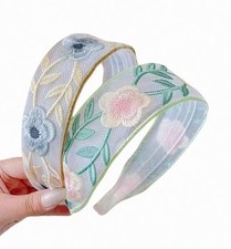 2 Pcs Vintage Floral Embroidered Headbands for Wide Boho Mesh Fabric Hair Ban...