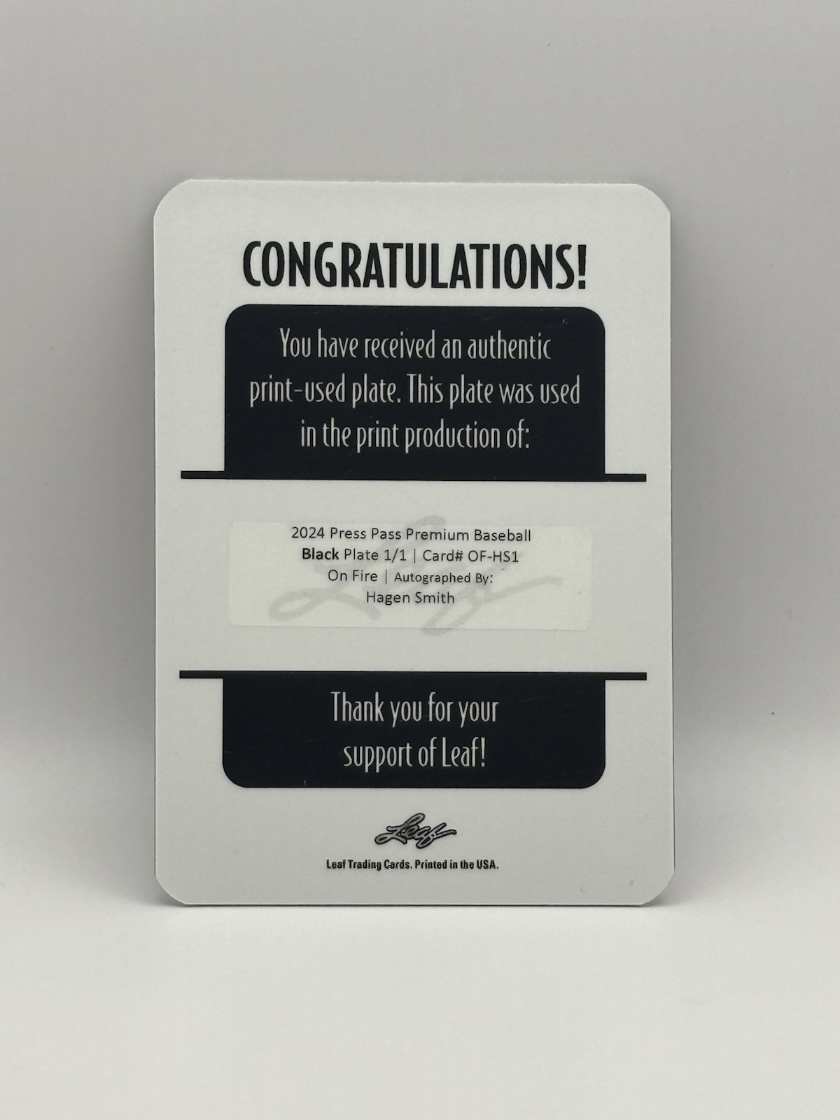 2024 Leaf Press Pass Premium Hagen Smith 1/1 Black Printing Plate On Fire Auto view 2