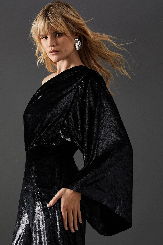 Warehouse Womens Jumpsuit Black Metallic Texture One Shoulder Flared Sleeve - Image 2 of 4