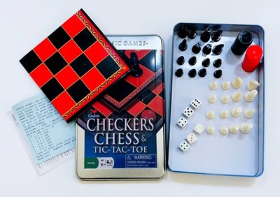 Cardinal Checkers, Chess & Tic-Tac-Toe Classic Games + Farkle in Storage Tin