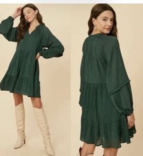 Maeve Green Amber Peasant Boho Festival Tiered Tunic Dress Size Small Modest