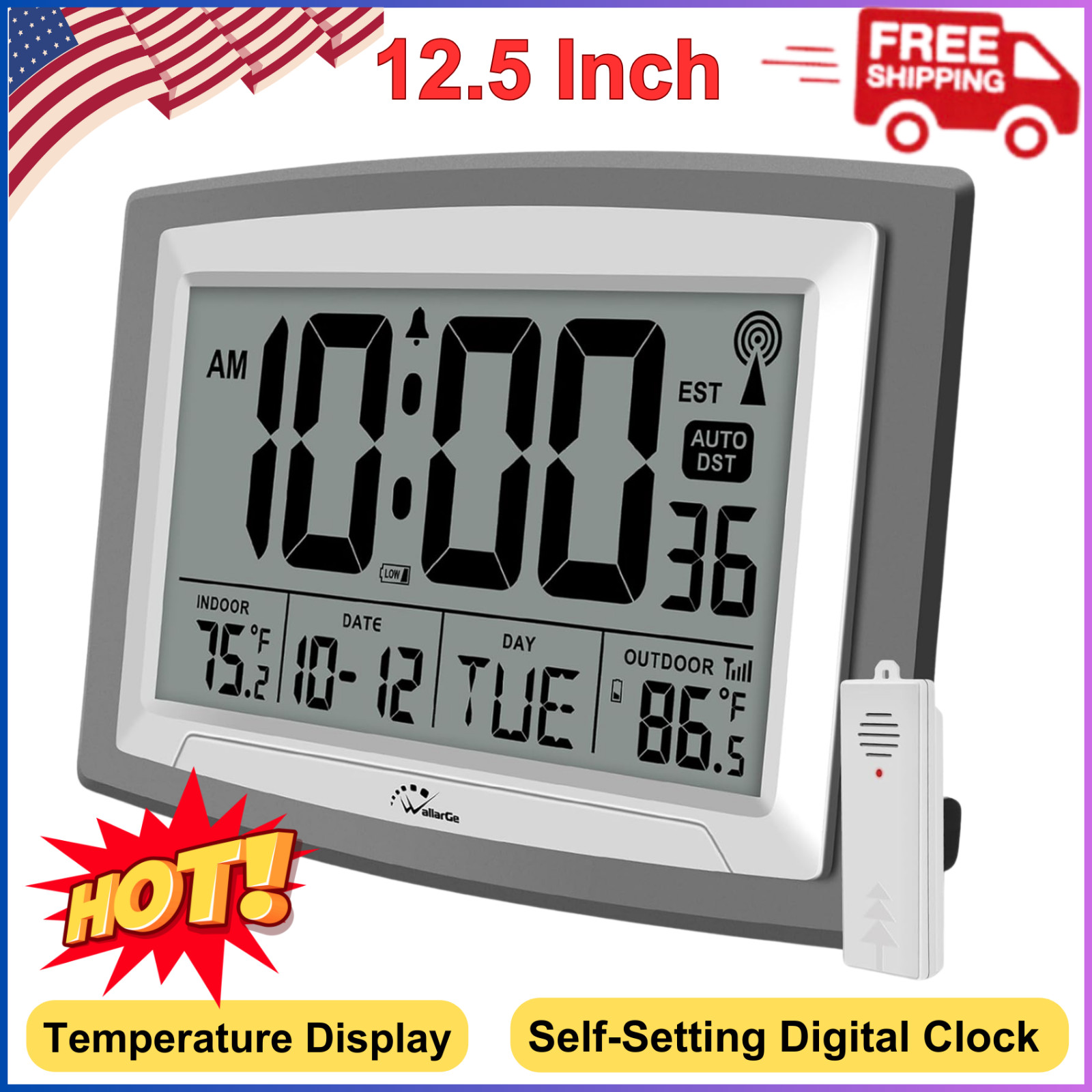 Atomic Clock with Indoor Outdoor Temperature, Self-Setting Digital Wall Clock