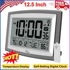 Atomic Clock with Indoor Outdoor Temperature, Self-Setting Digital Wall Clock