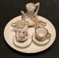 Vintage Taiwan Miniature Porcelain Tea Set Floral Gold Trim Dollhouse Set