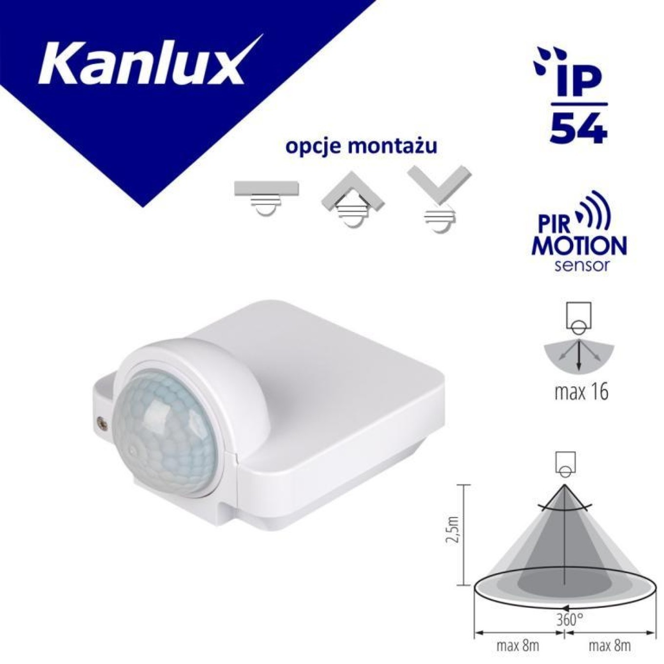 PIR SENSQUARE-W 1200VA Max 8m SENSQUARE 37368 Motion Detector