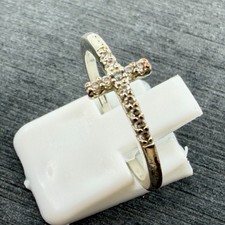 Silver Tone Cross Ring with Sparkling Stones Delicate Band Spiritual Symbol Gift
