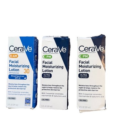 CeraVe 3-Pack Facial Moisturizing Lotion 1 AM SPF 30 & 2 PM Ultra Oil-Free, 3 Oz