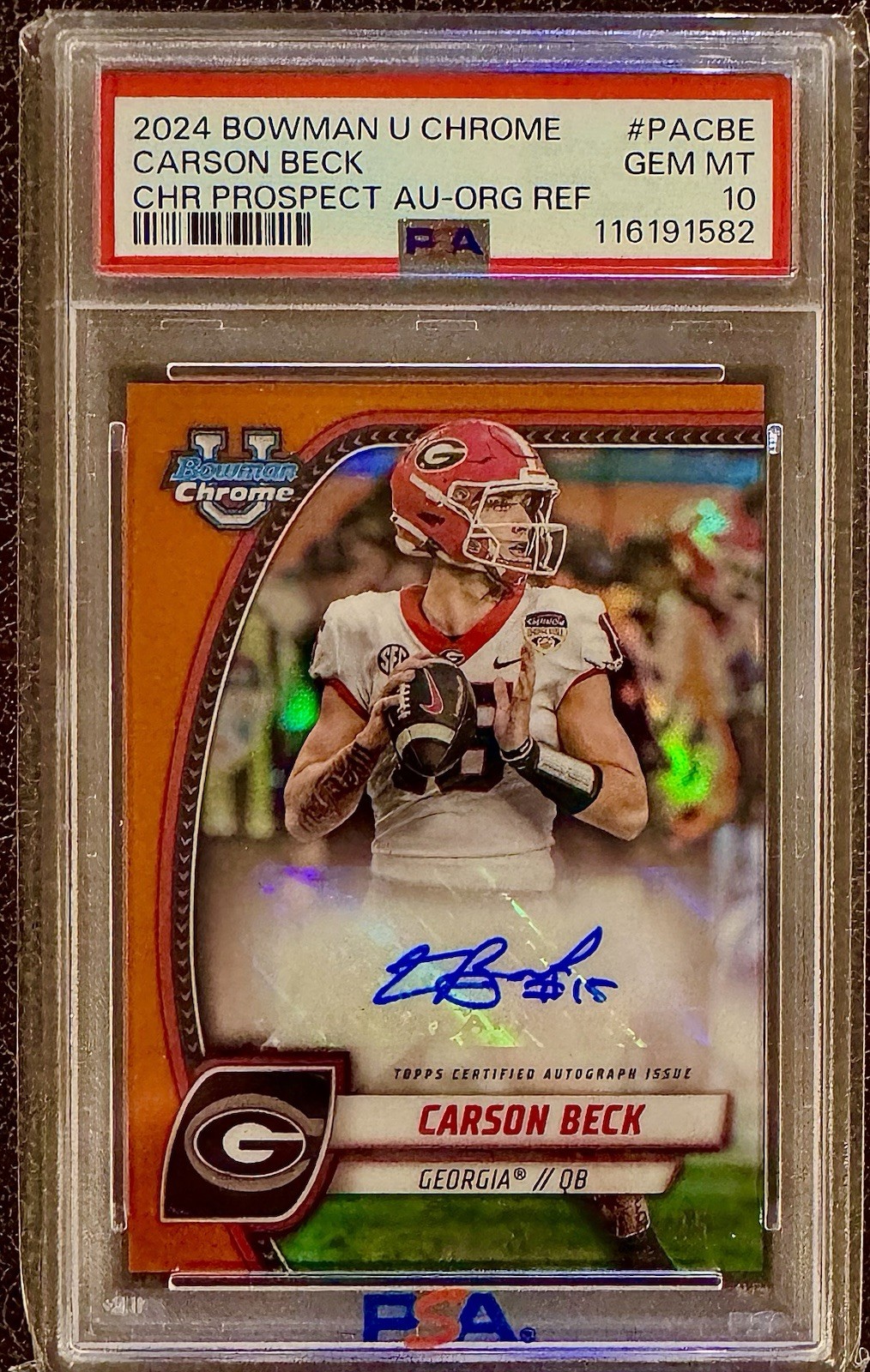 🔥👀 💎 Carson Beck 2024 Bowman Chrome Auto /25 Orange PSA10! Pop6! Miami Color!
