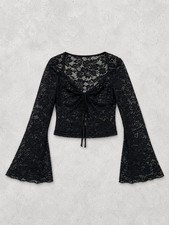 Whimsigoth Top Womens M Black Lace Sheer Cropped Dark Fairy Grunge Feminine