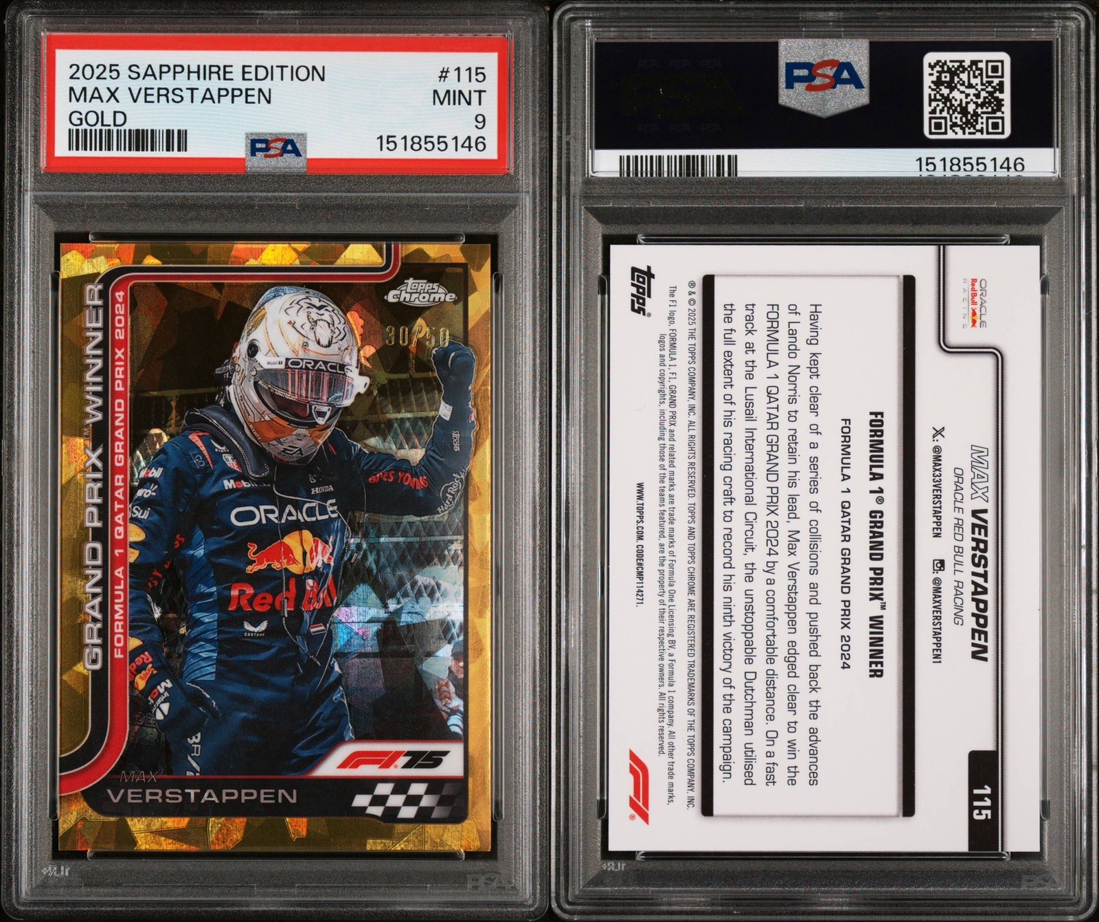 2025 Topps Sapphire Edition Max Verstappen Gold #115 PSA /50 view 3