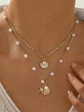 Gold 3-Piece Layered Necklace Set With Pearl Shell And Star Pendants