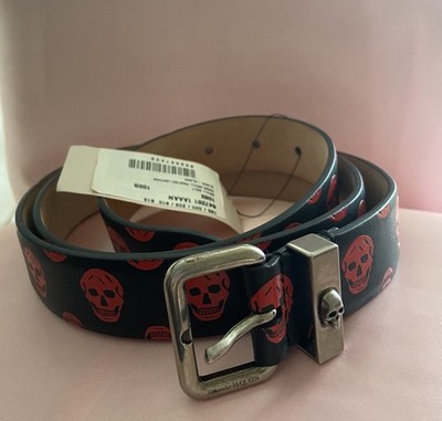 Alexander McQueen Red Skull Pattern Leather Belt Size 100/40