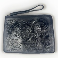 Patricia Nash Cassini Tooled Leather Wristlet Clutch Black Zip Boho Western 9x7  
