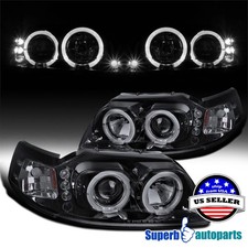 Fits 1999-2004 Ford Mustang Halo Projector Headlights Led Bar Glossy Black Pair