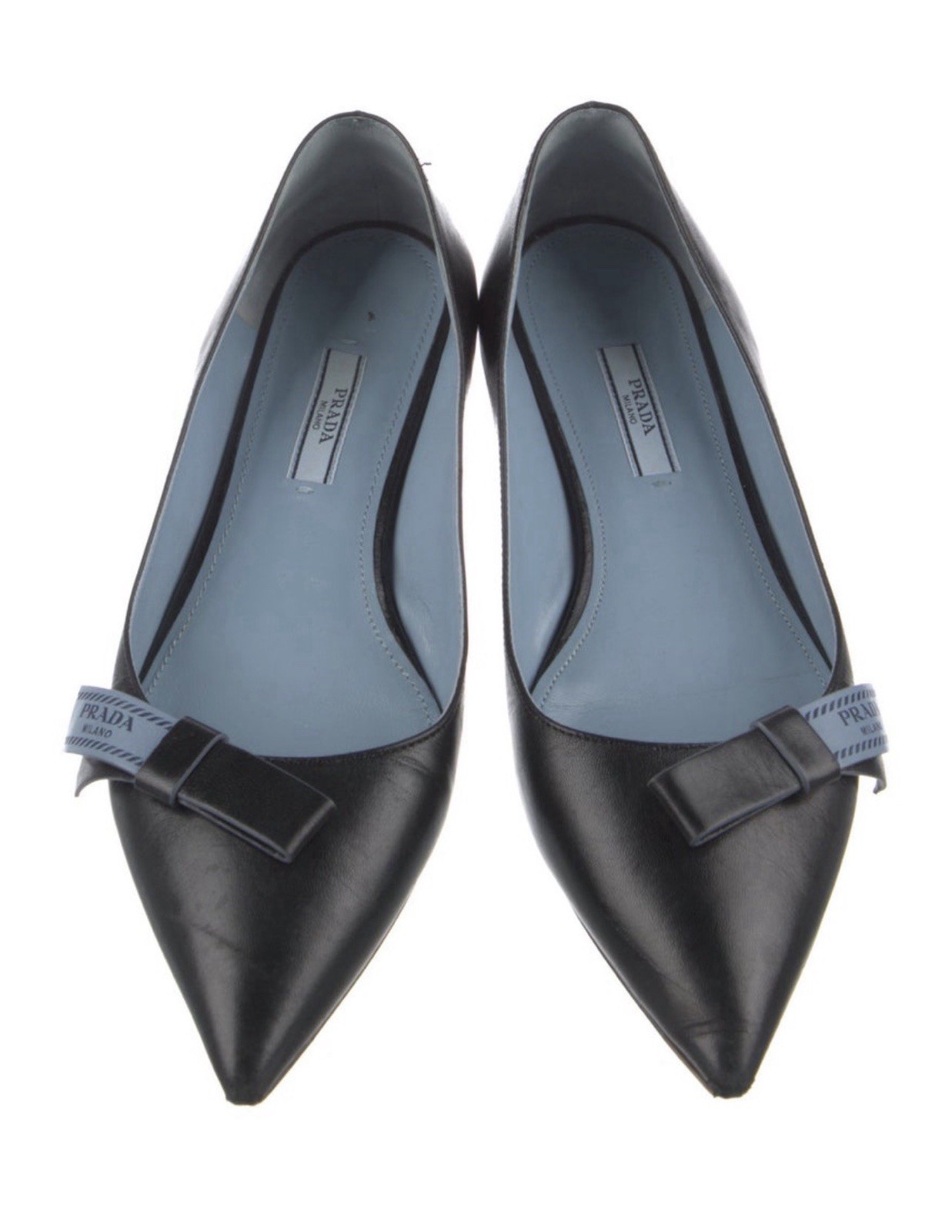 PRADA Women's Black Semi Pointed Toe Leather Flats with Blue Bow Accent - EU 38