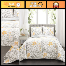 Reversible Floral Quilt King Size Set - 3 Piece Bedding - Yellow Gray Cottage