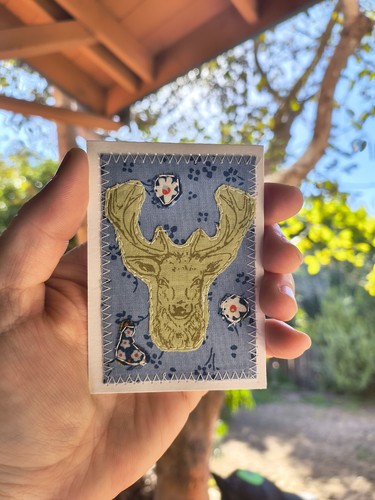 ACEO Original Fabric collage, Green Deer, Blue And White Flowers