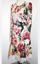 Dolce Gabbana Lace Trim Floral Print Long Sleeve Midi Dress 46 IT  Large