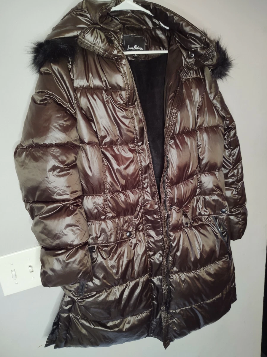 Sam Edelman Womens Long Puffer Coat Loden Brown Zip Faux Fur Hooded Large NWOT