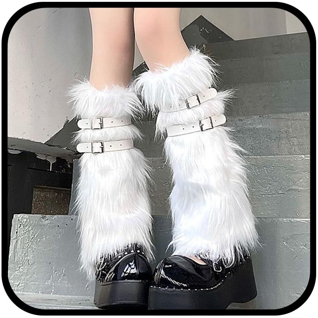 Faux Fur Warm Leg Warmers Furry White Knitted Long Footless Socks