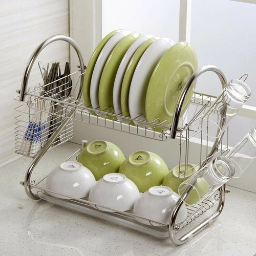 2 tier Dish Drying Rack Drainer Cup Plate Holder Cutlery Tray Kitchen Organizer