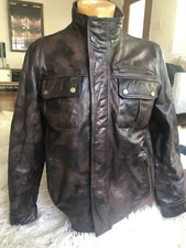 Lux Antiqued Brown Leather BLACK RIVET Trucker Styled Leather Cafe Jacket M EUC