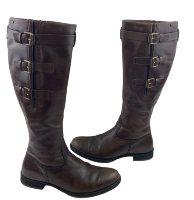Ecco Hobart Buckle Boots Womens 39 Brown Leather Gor-Tex Tall Riding Comfort Zip