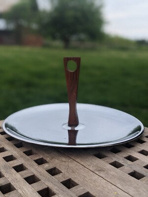 Vintage 1960s Kromex Chrome Serving Tray w/ Teak Handle
