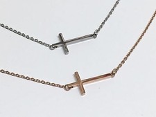 18KGP Rose Gold Silver Stainless Steel Sideways Cross Bracelet