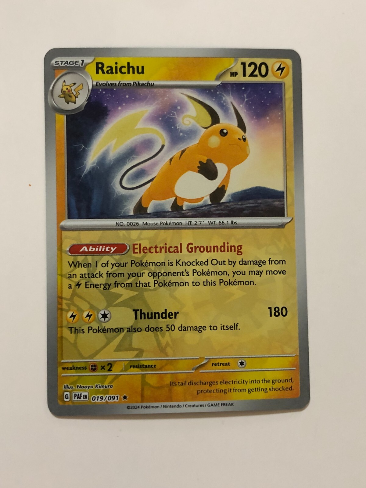 Pokemon Card Paldean Fates Reverse Holographic Raichu 019/091 NM