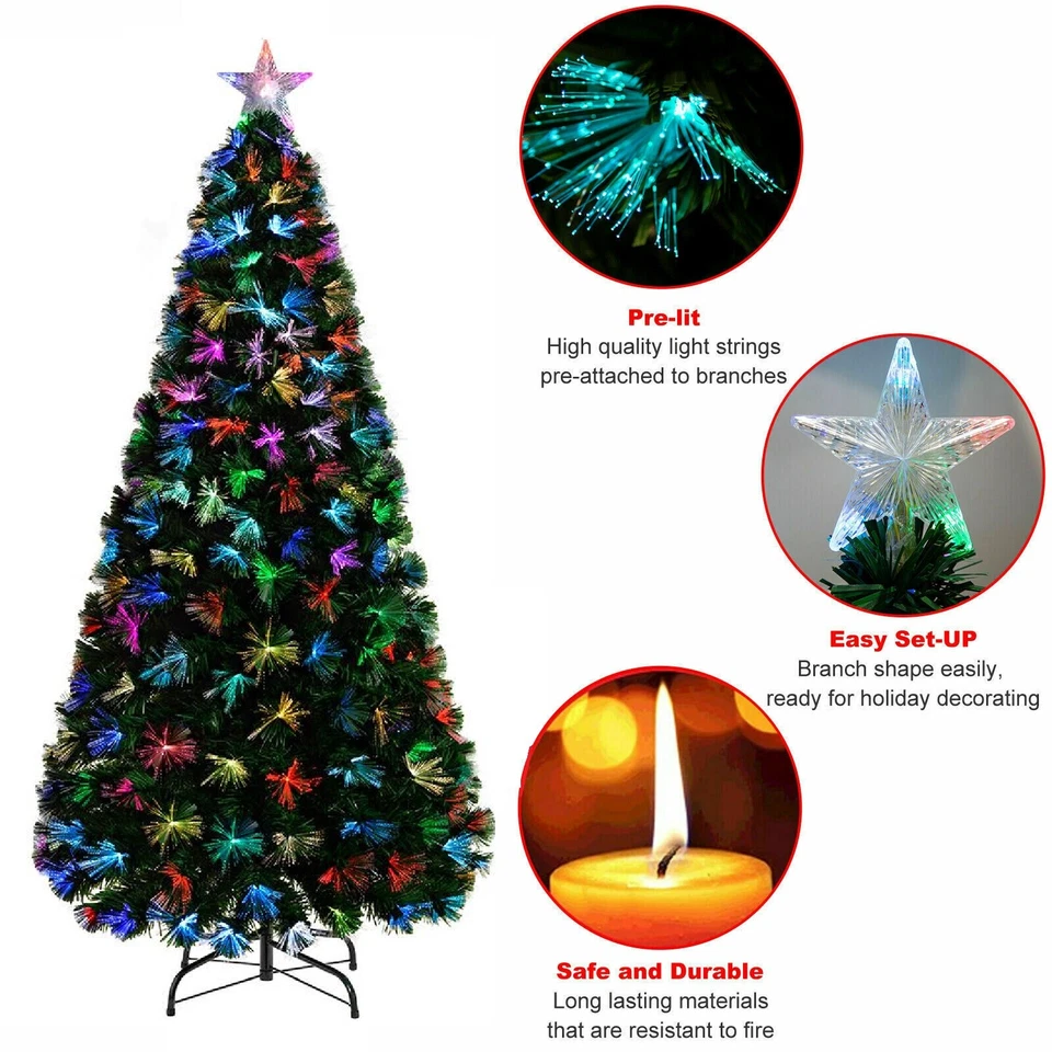 Pre Lighted Christmas Tree Fibre Optic Colour Changing Xmas LED Lights Star Gift