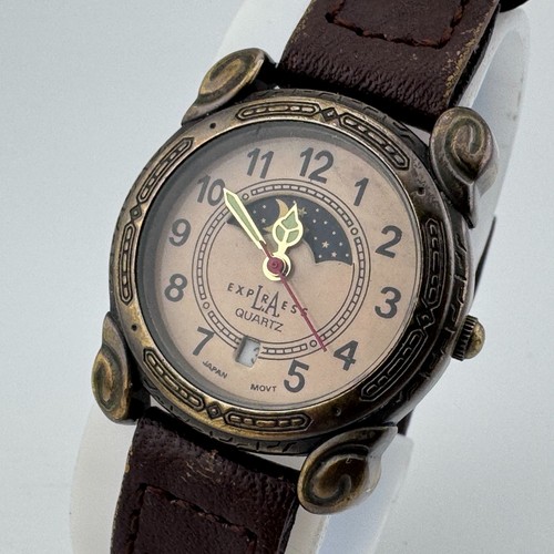 VTG LA Express Quartz Watch Women Moon Phase Bronze Leather Analog New Battery